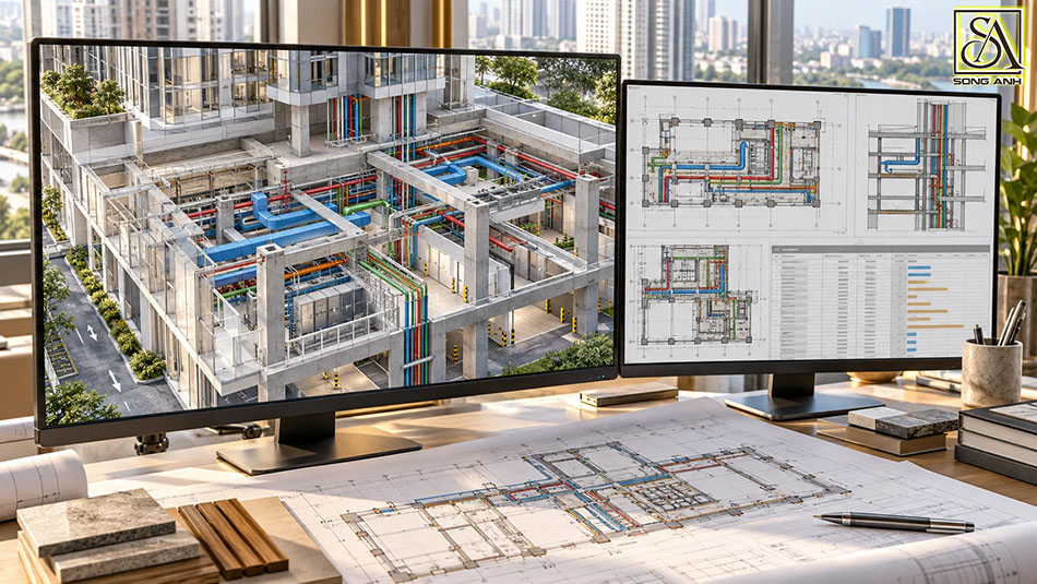 Rà soát mô hình phối hợp kiến trúc, kết cấu và MEP cùng bản vẽ mặt bằng, mặt cắt công trình cao tầng.